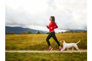 Dog running with owner in the countryside