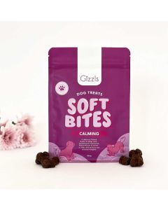 Gizzls Soft Bites Calming Dog Treats 300g, with treats displayed in front of the bag