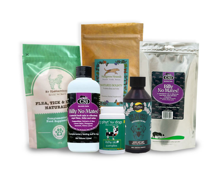 A selection of natural flea and tick supplements for dogs and cats